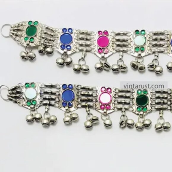 Afghan Anklets, Multicolor Glass Stone Anklets Pair, Anklets With Bells And Glas - Picture 5 of 8